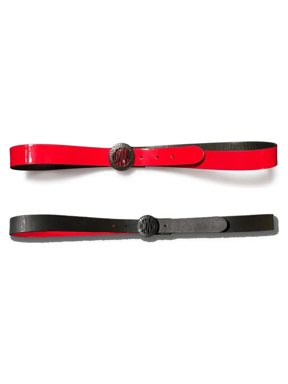 DKNY Reversible Plaque Belt Red Black Round Logo Buckle Size XL